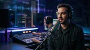 image of a guy recording music in a studio and getting best radio airplay promotions